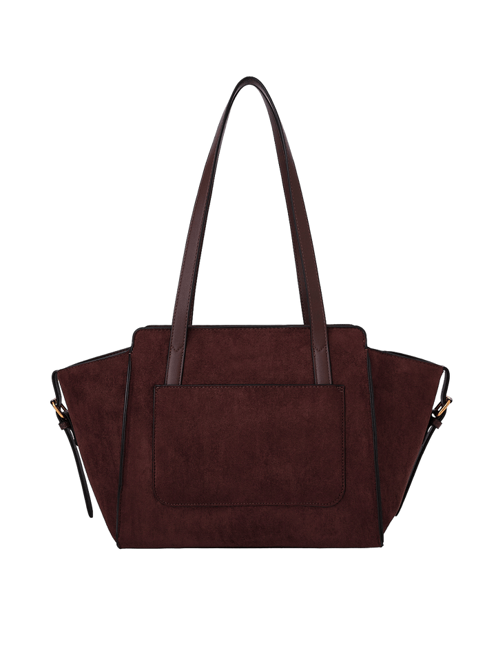 Poppy & Peonies Mini Avenue Tote in Espresso Suede back view, featuring long shoulder straps, a structured silhouette and exterior slip pocket.