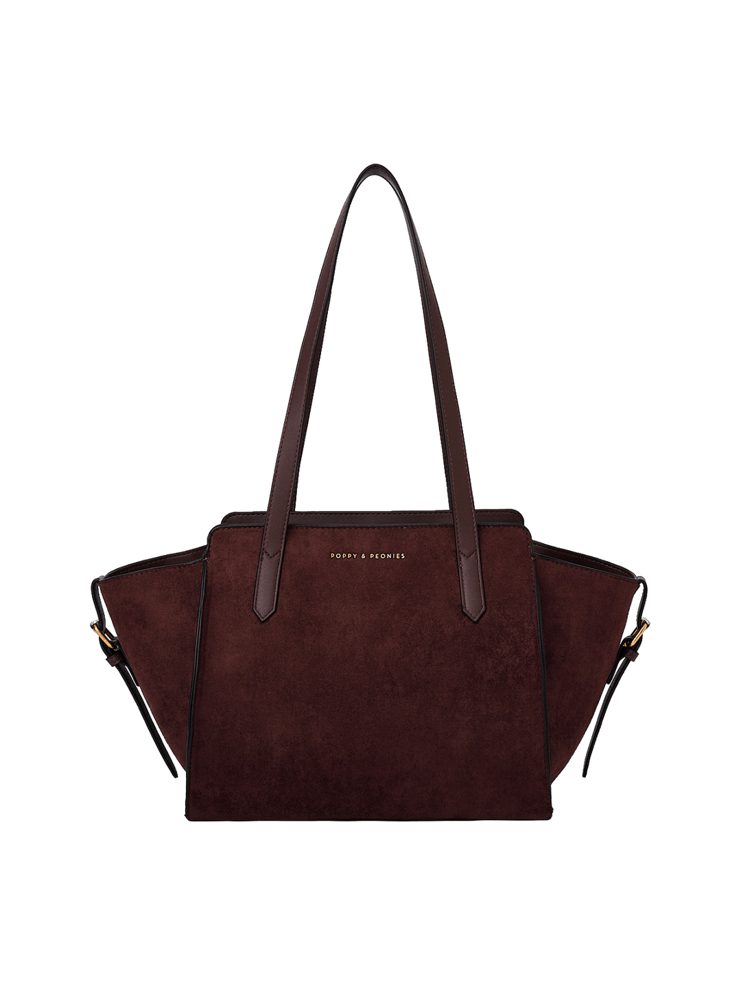 Poppy & Peonies Mini Avenue Tote in Espresso Suede front view, featuring a structured silhouette, long shoulder straps and signature logo.