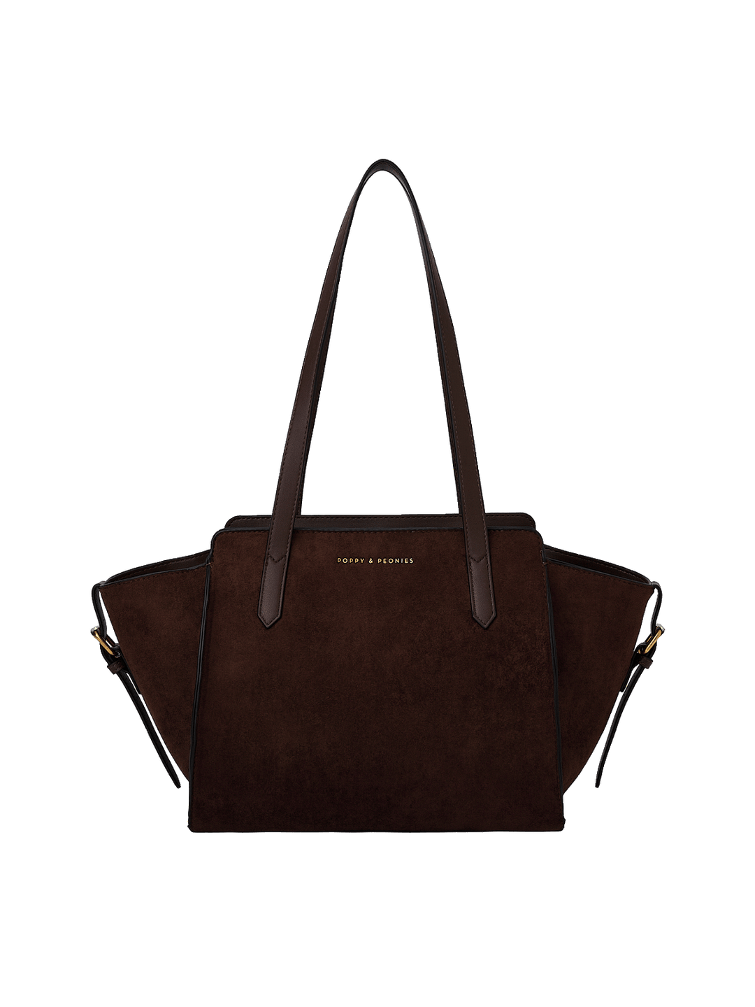 A dark brown suede tote bag with dark brown leather shoulder straps and gold-tone hardware.