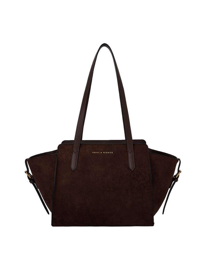 A dark brown suede tote bag with dark brown leather shoulder straps and gold-tone hardware.