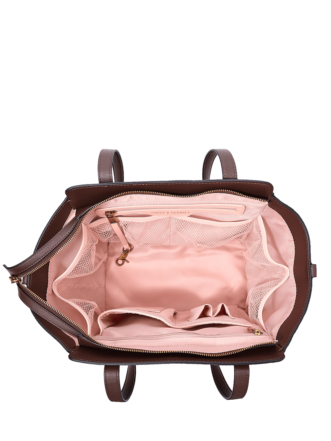 Poppy & Peonies Mini Avenue Tote in Espresso Suede open top view, showcasing the blush-pink lined interior, zippered pocket and organized storage compartments.