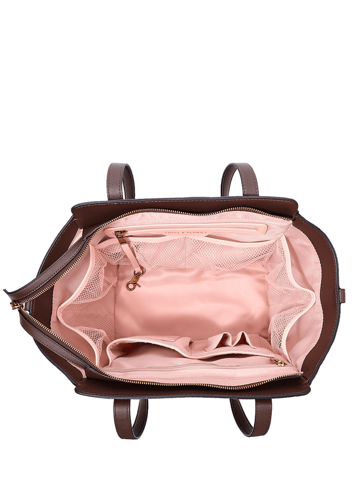 Poppy & Peonies Mini Avenue Tote in Espresso Suede open top view, showcasing the blush-pink lined interior, zippered pocket and organized storage compartments.