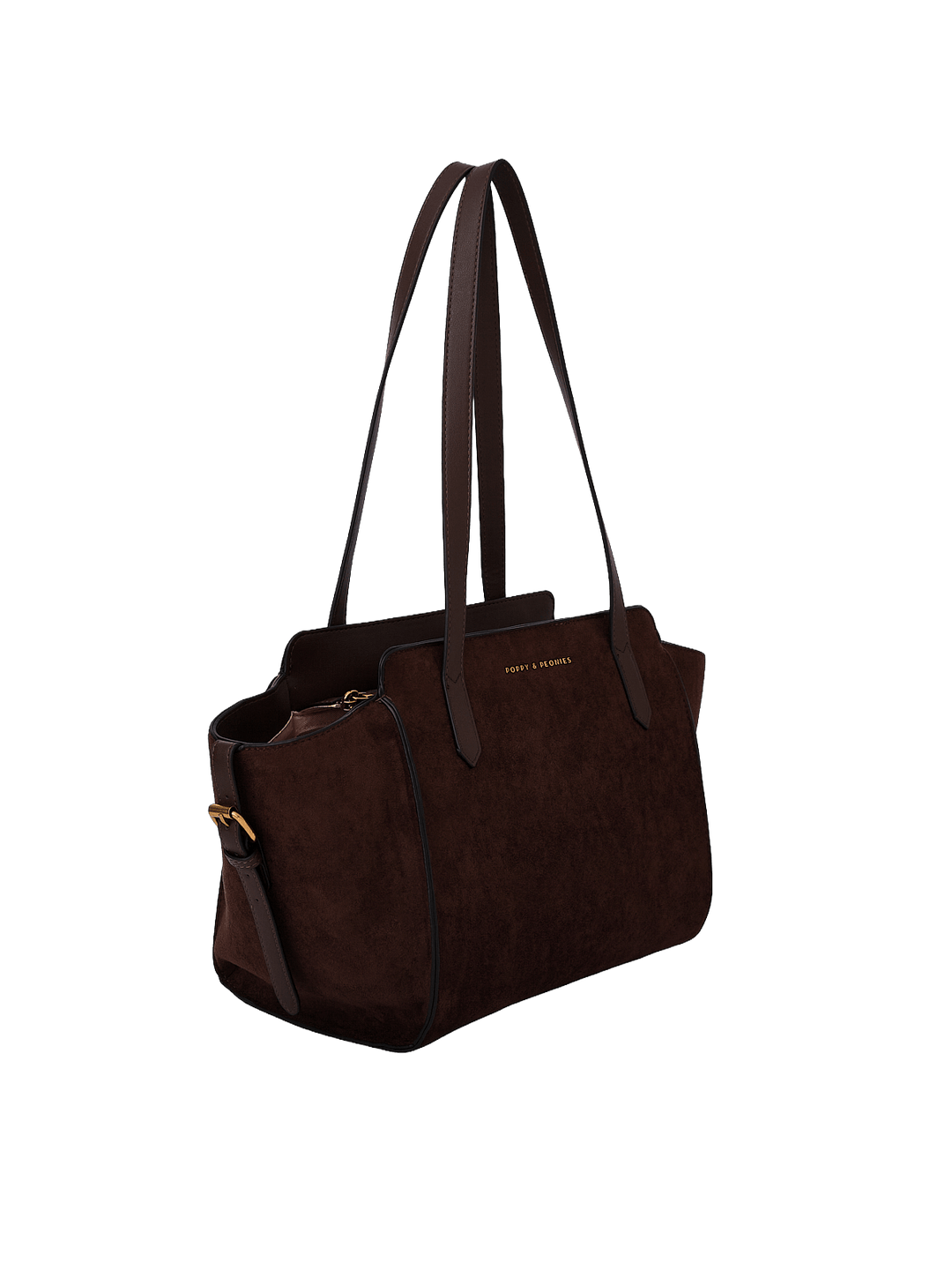 Poppy & Peonies Mini Avenue Tote in Espresso Suede angled side view, highlighting the compact structured shape, long shoulder straps and soft suede exterior.