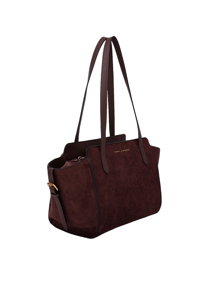 Poppy & Peonies Mini Avenue Tote in Espresso Suede angled side view, highlighting the compact structured shape, long shoulder straps and soft suede exterior.
