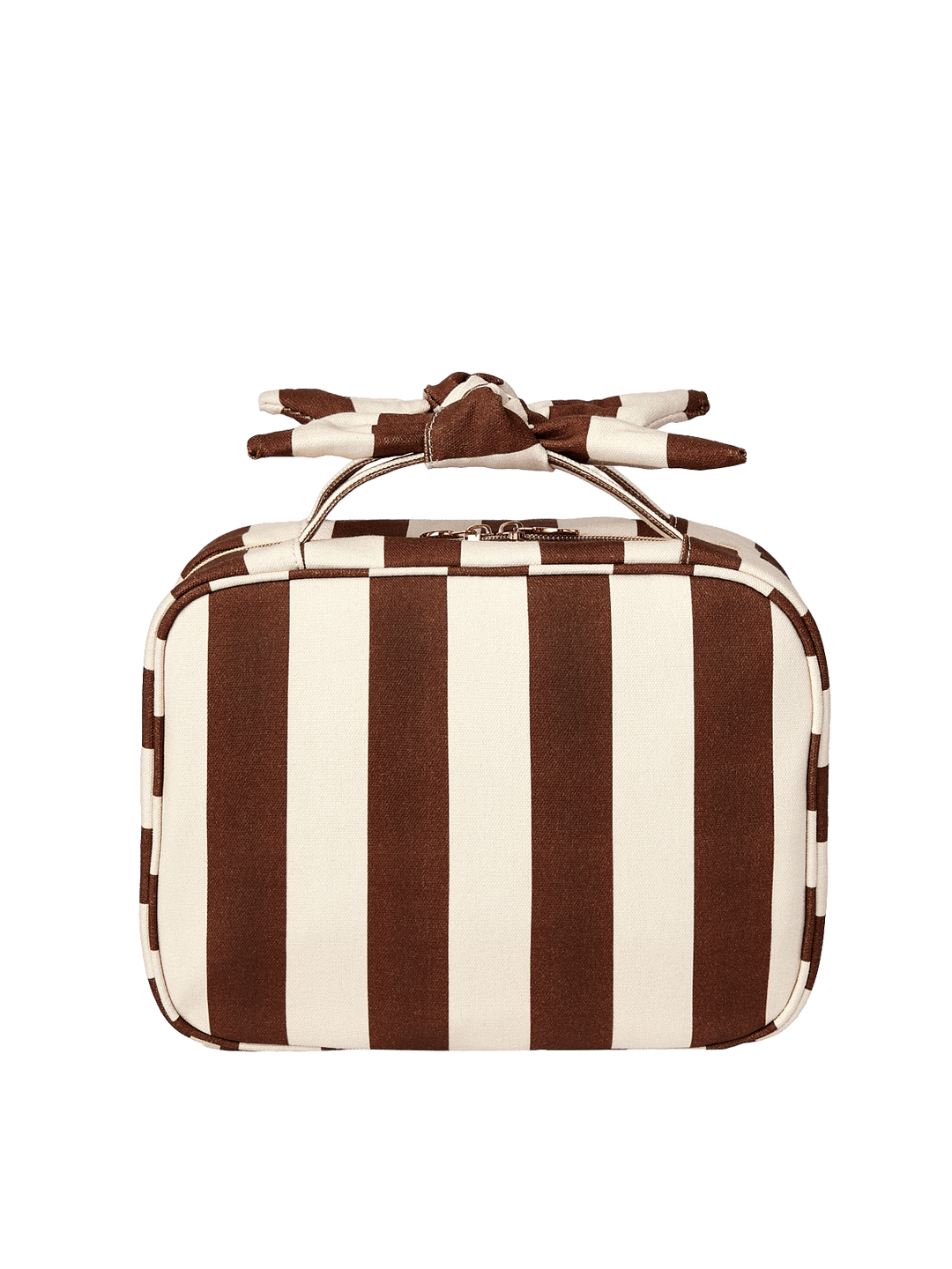 Striped brown and white cosmetic bag with a bow