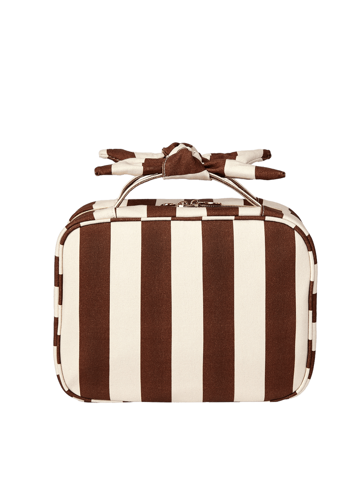 Striped brown and white cosmetic bag with a bow