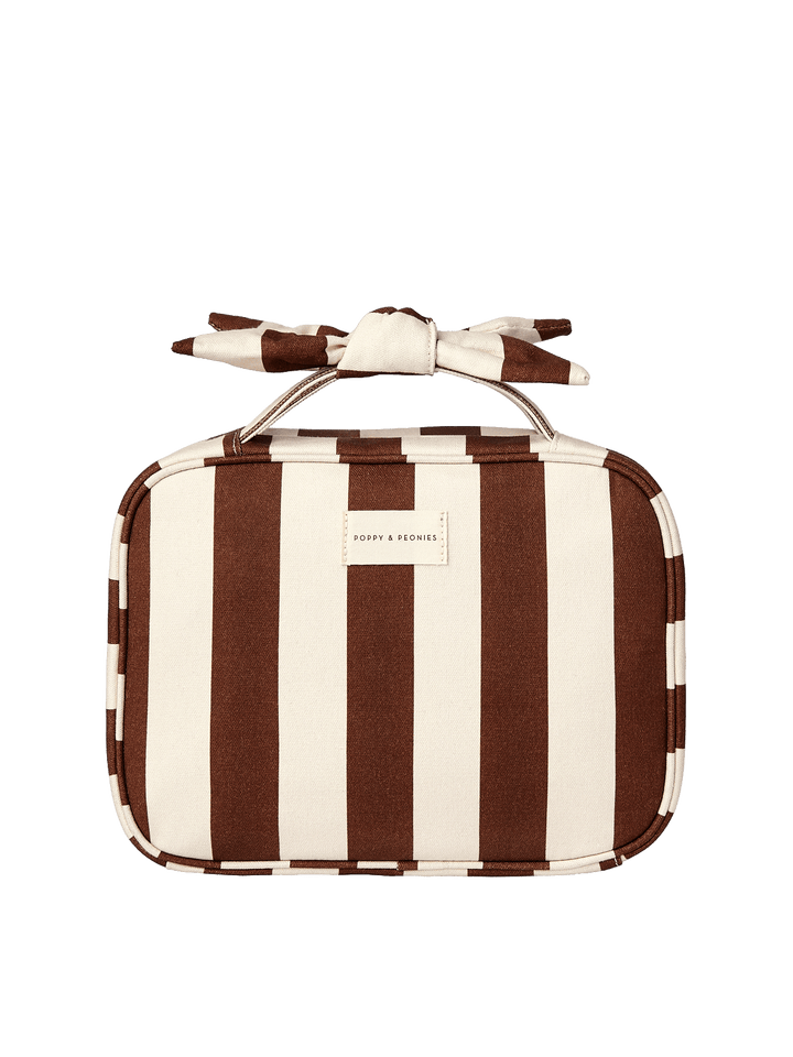 Brown and white striped travel cosmetic case with a bow