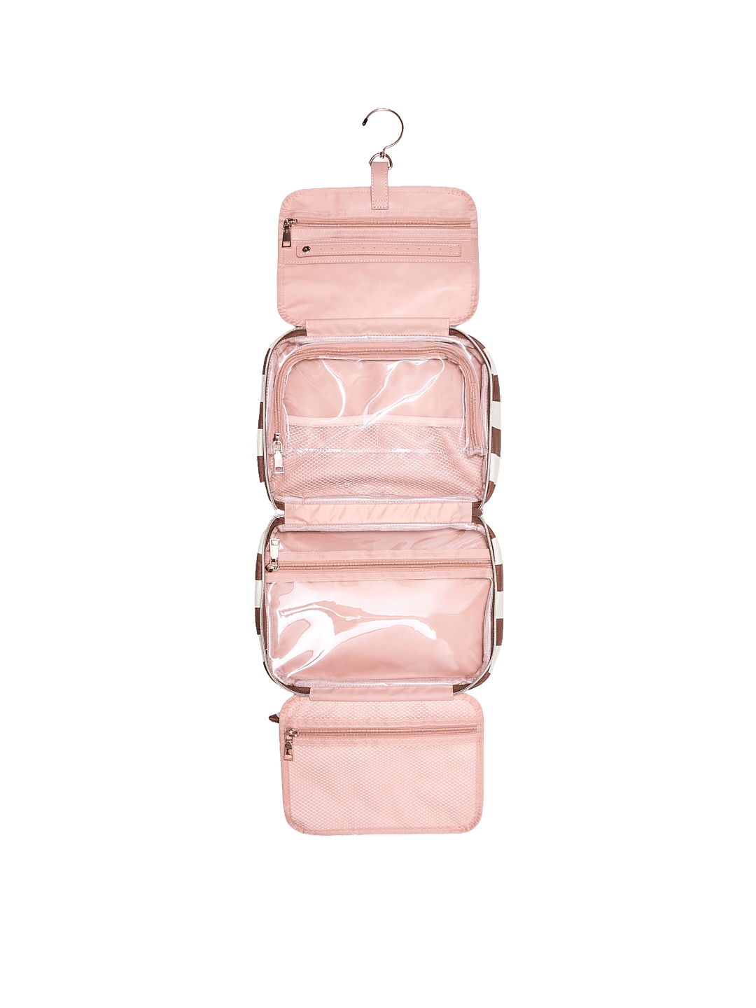 Pink hanging travel organizer with multiple compartments 
