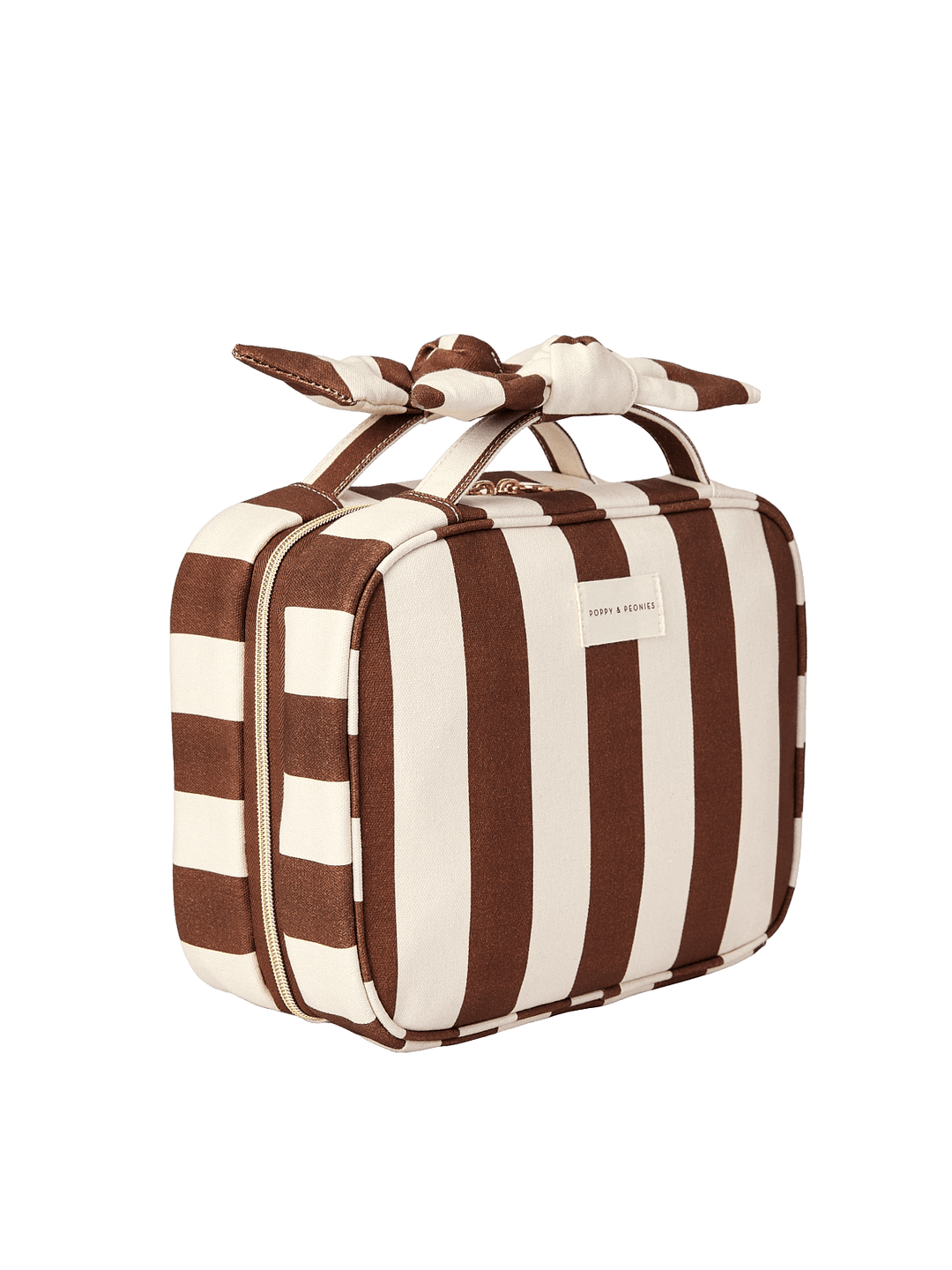 Brown and white striped cosmetic bag