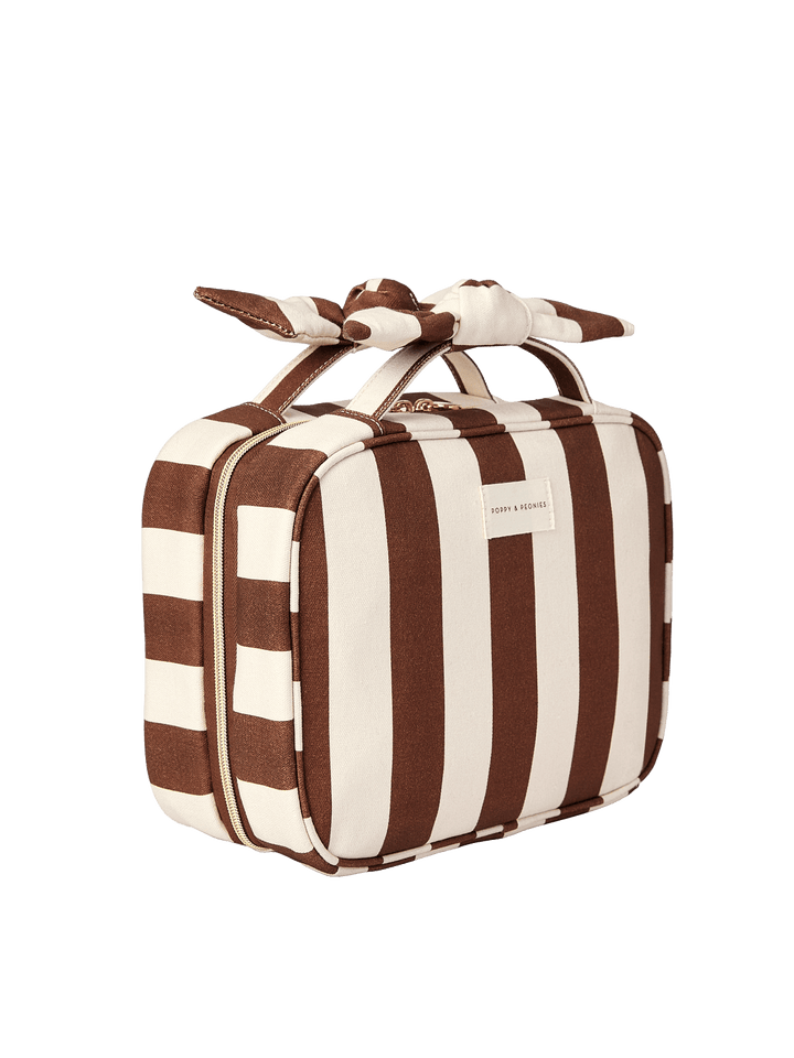 Brown and white striped cosmetic bag