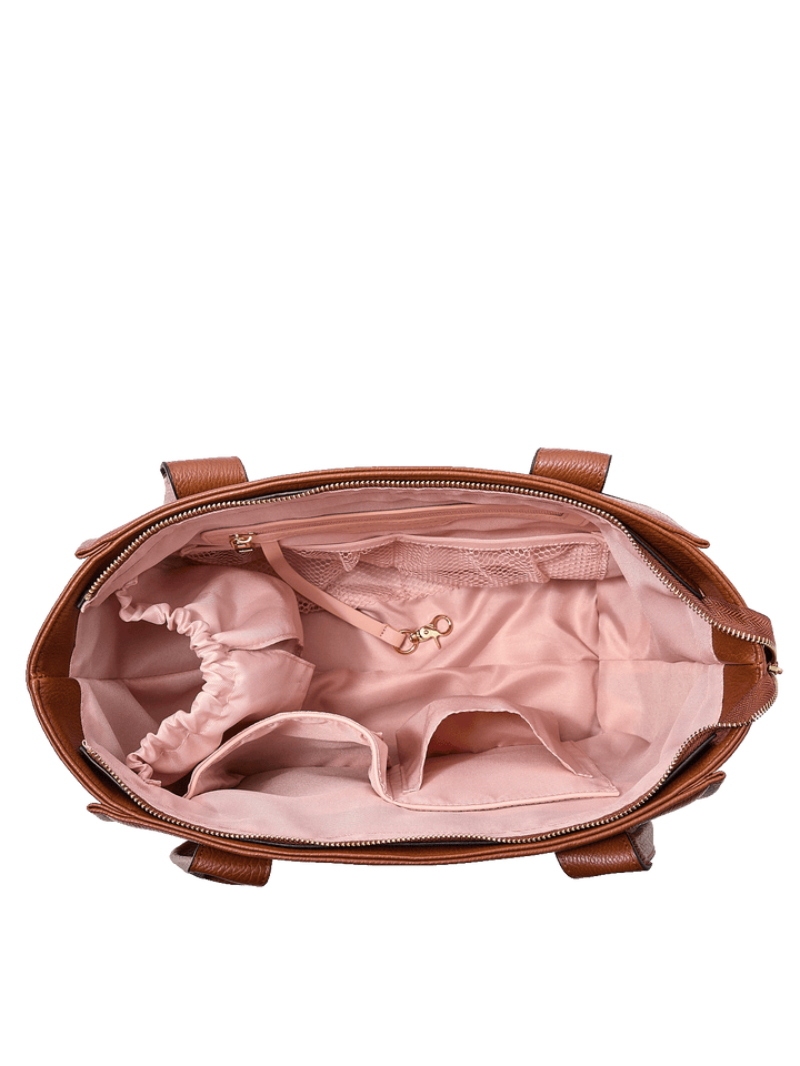 Interior of the Small Multitasker in Chestnut showing cup holder and organization pockets