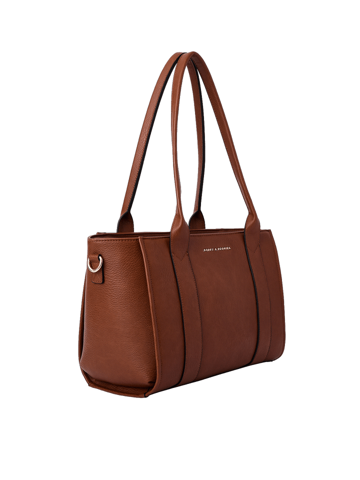 Side profile of the Small Multitasker in Chestnut showing spacious tote design