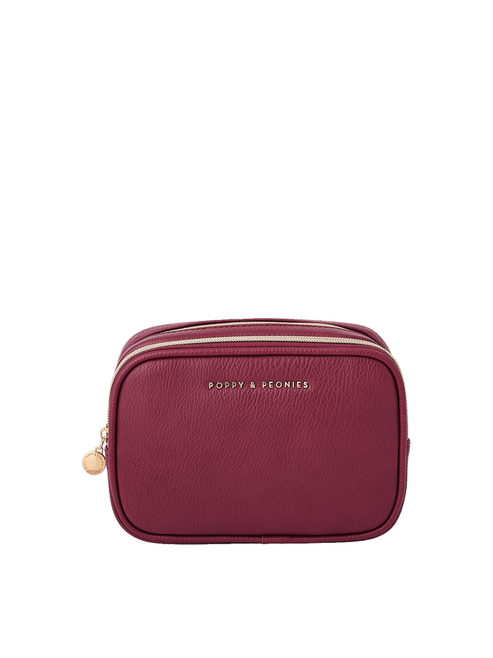 The Split Organizer in Berry with dual zip compartments