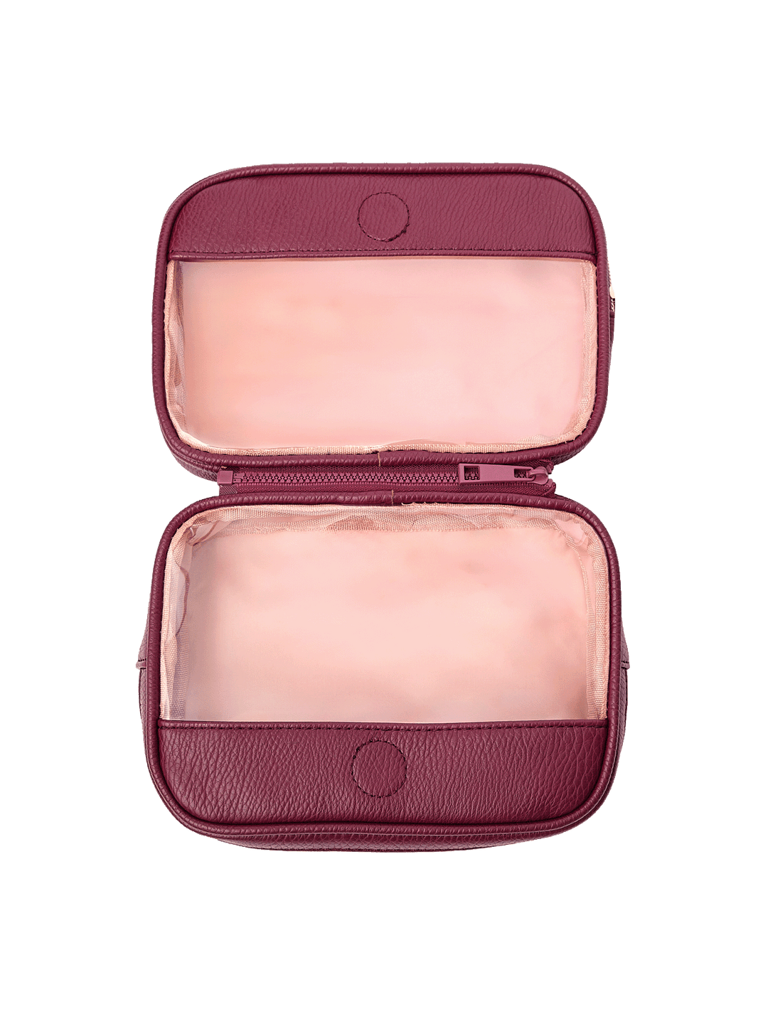The Split Organizer in Berry fully unzipped to display both compartments