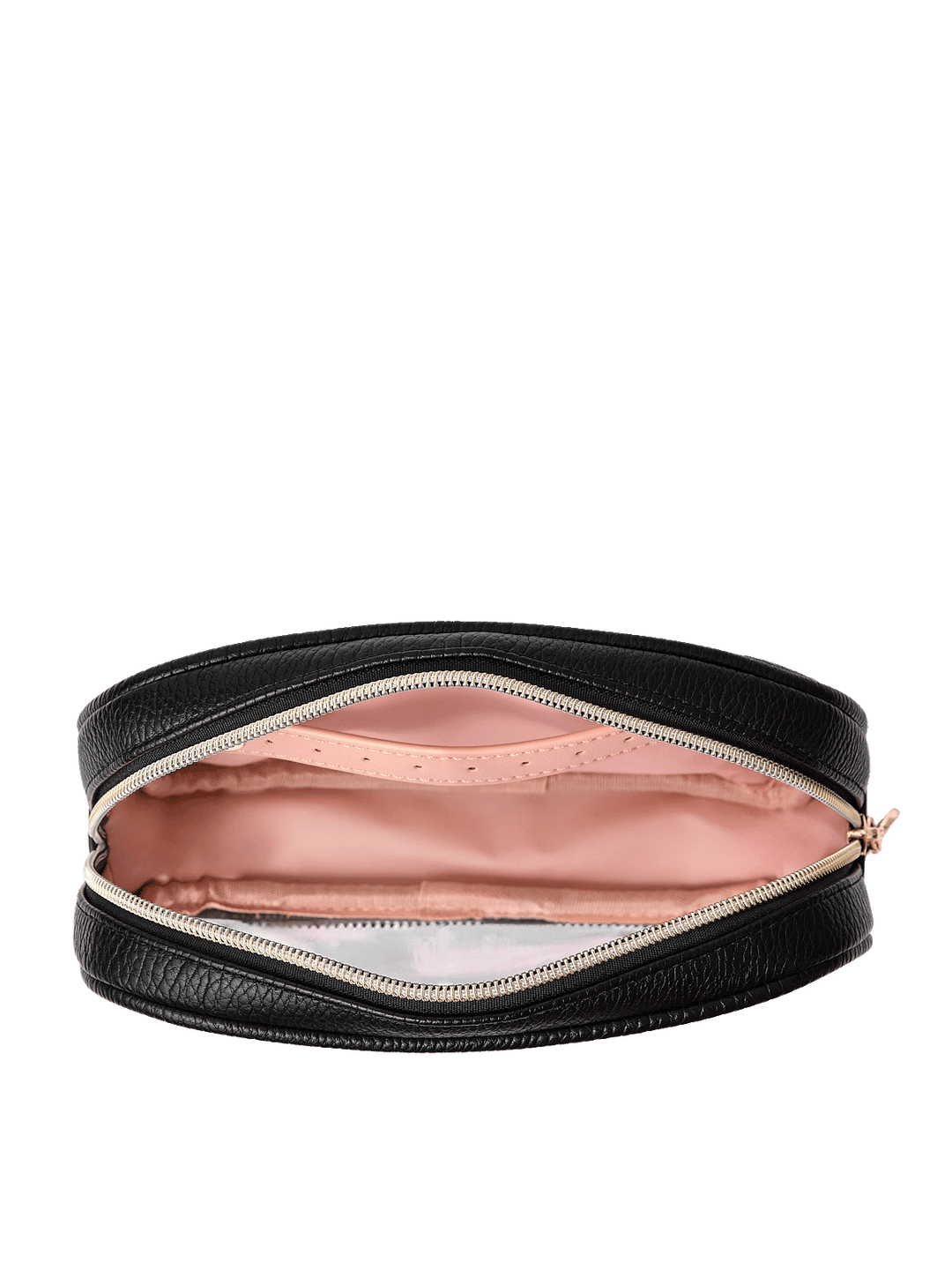 Open view of The Split Organizer in Black showing wipeable interior and jewelry tab. 