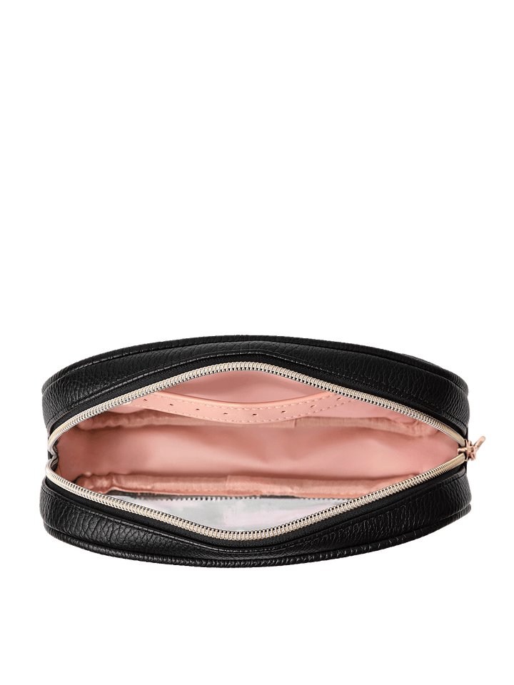 Open view of The Split Organizer in Black showing wipeable interior and jewelry tab. 