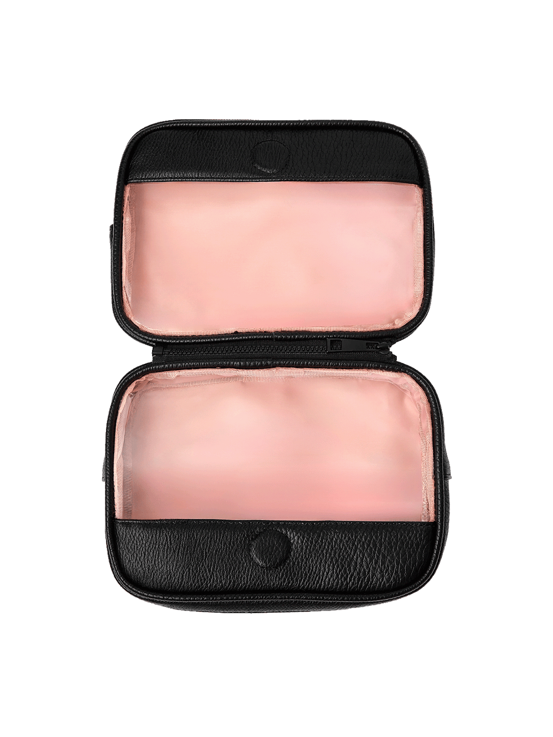 The Split Organizer in Black fully unzipped to display both compartments