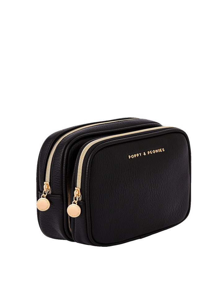 Angled side view of The Split Organizer in Black showing dual compartments