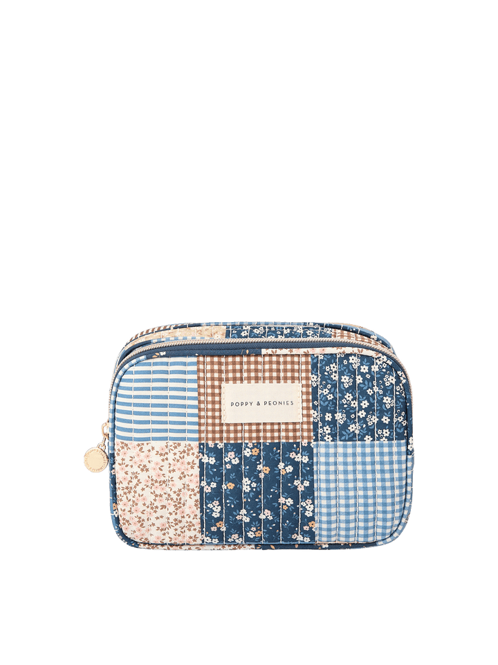 The Split Organizer in Navy Patchwork with dual zip compartments