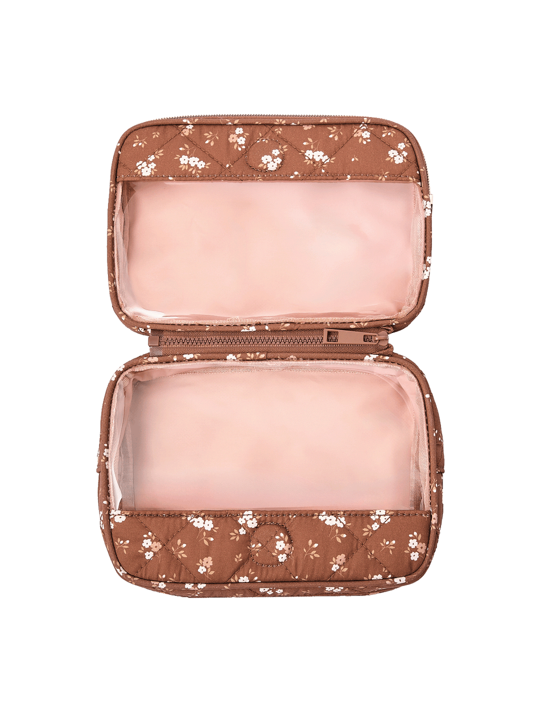 The Split Organizer in Brown Floral fully unzipped to display both compartments