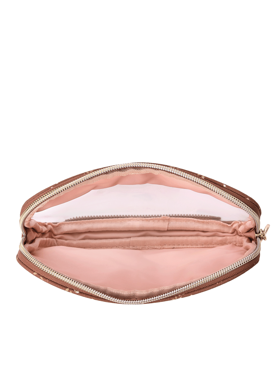 Open view of The Split Organizer in Brown Floral showing wipeable interior and jewelry tab