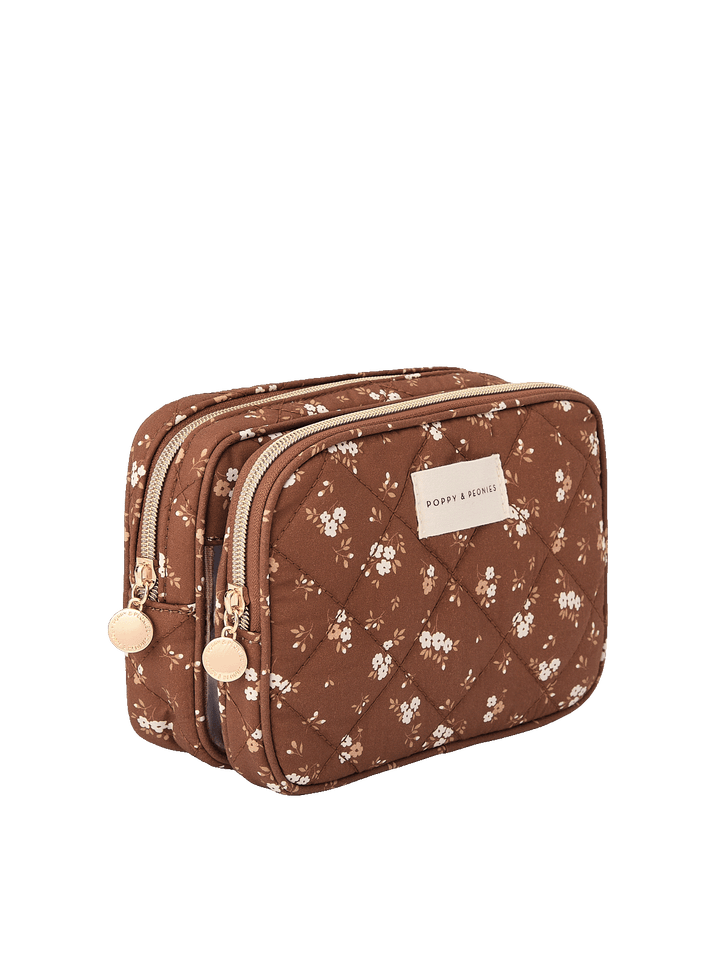 Angled side view of The Split Organizer in Brown Floral showing dual compartments