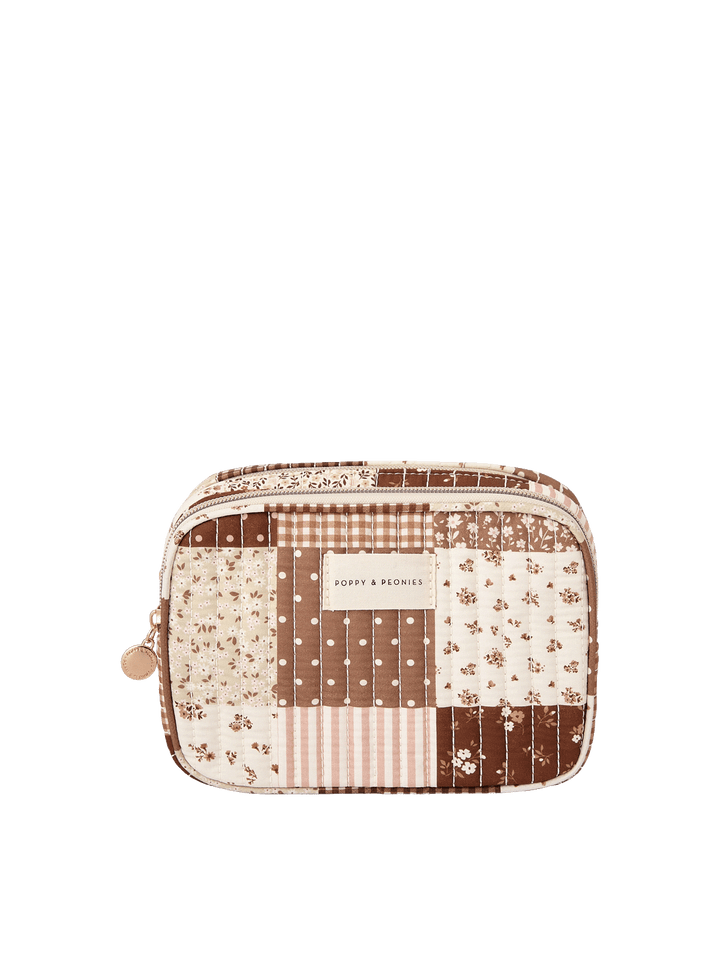 The Split Organizer in Brown Patchwork with dual zip compartments