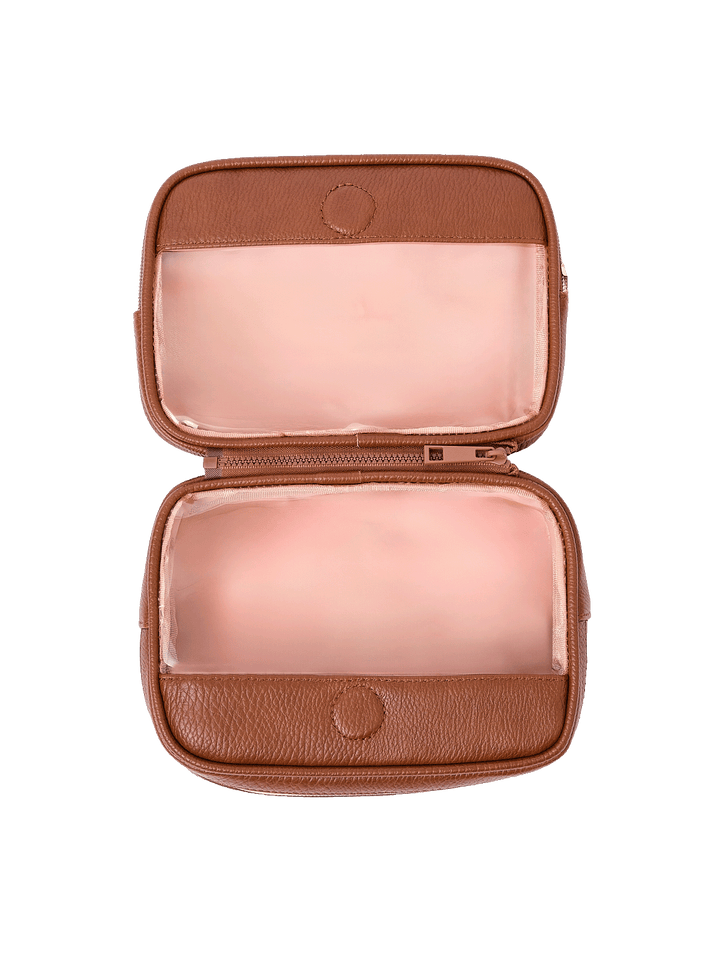 The Split Organizer in Chestnut fully unzipped to display both compartments