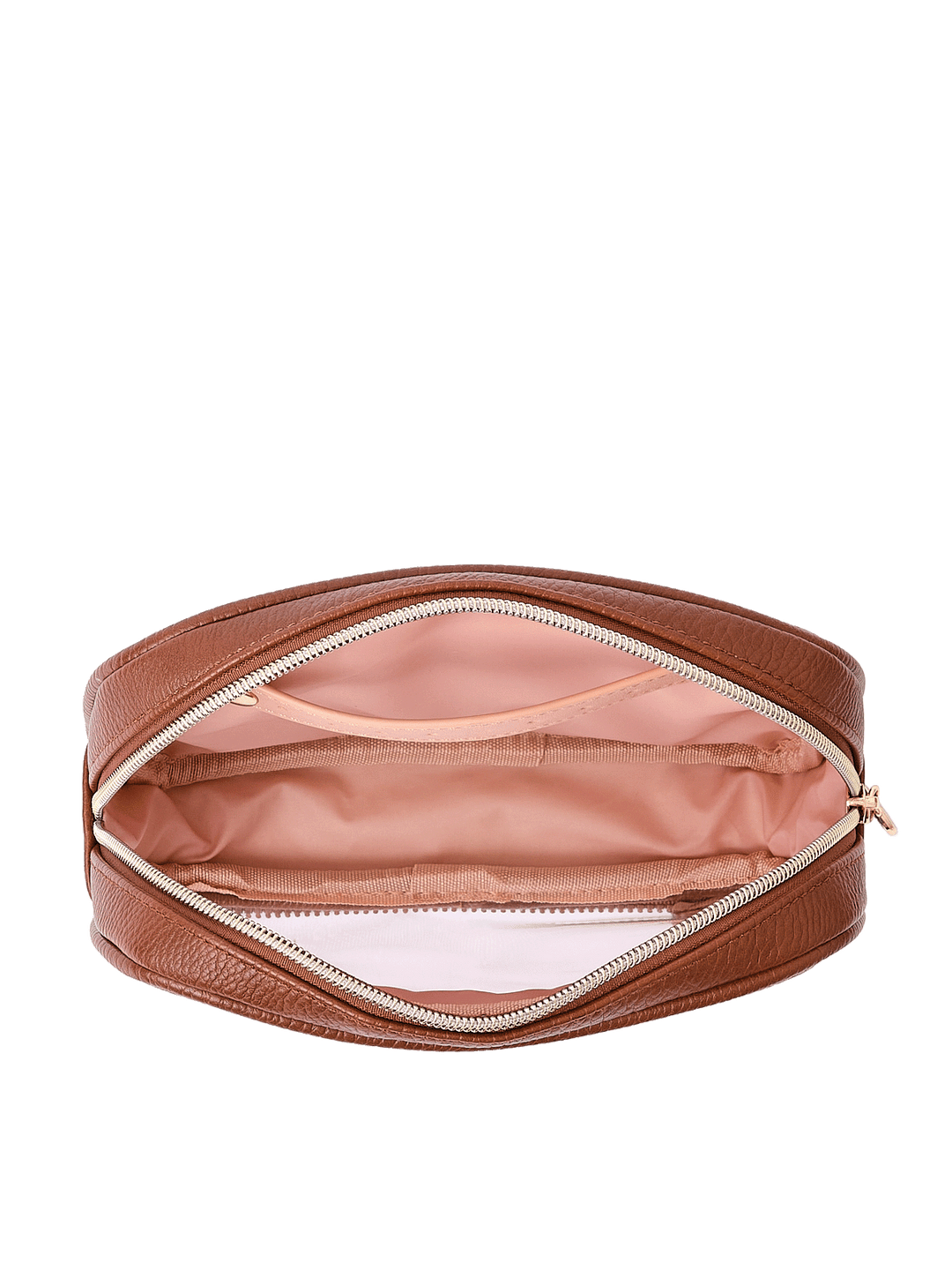 Open view of The Split Organizer in Chestnut showing wipeable interior and jewelry tab