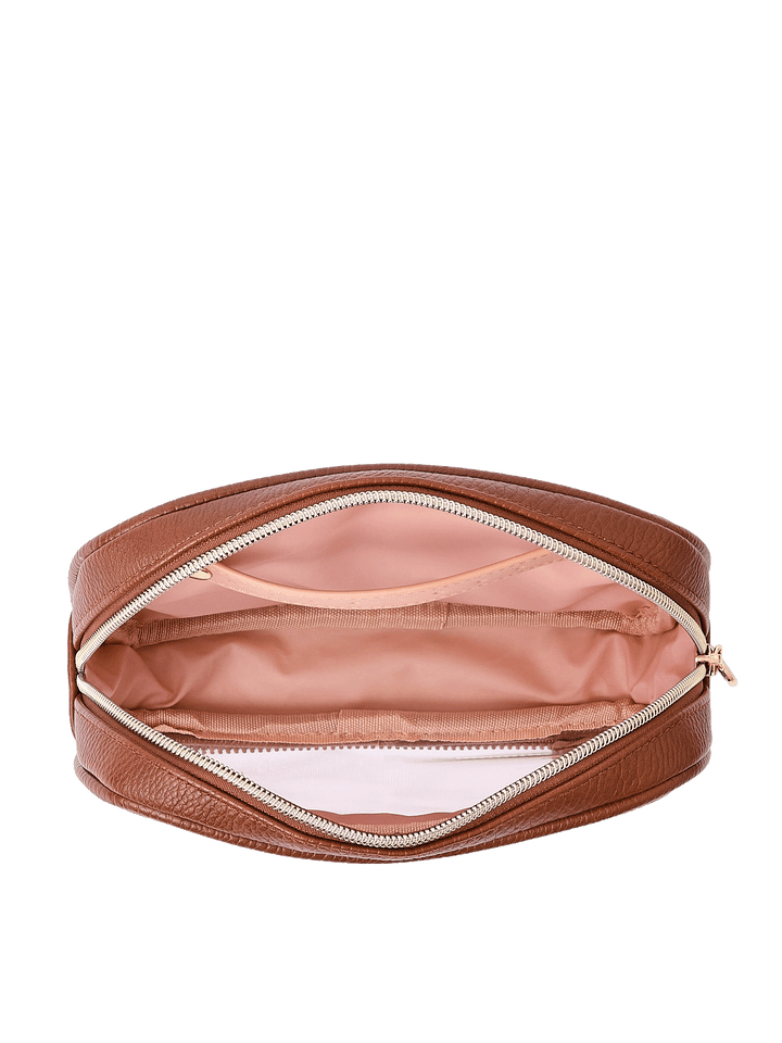 Open view of The Split Organizer in Chestnut showing wipeable interior and jewelry tab