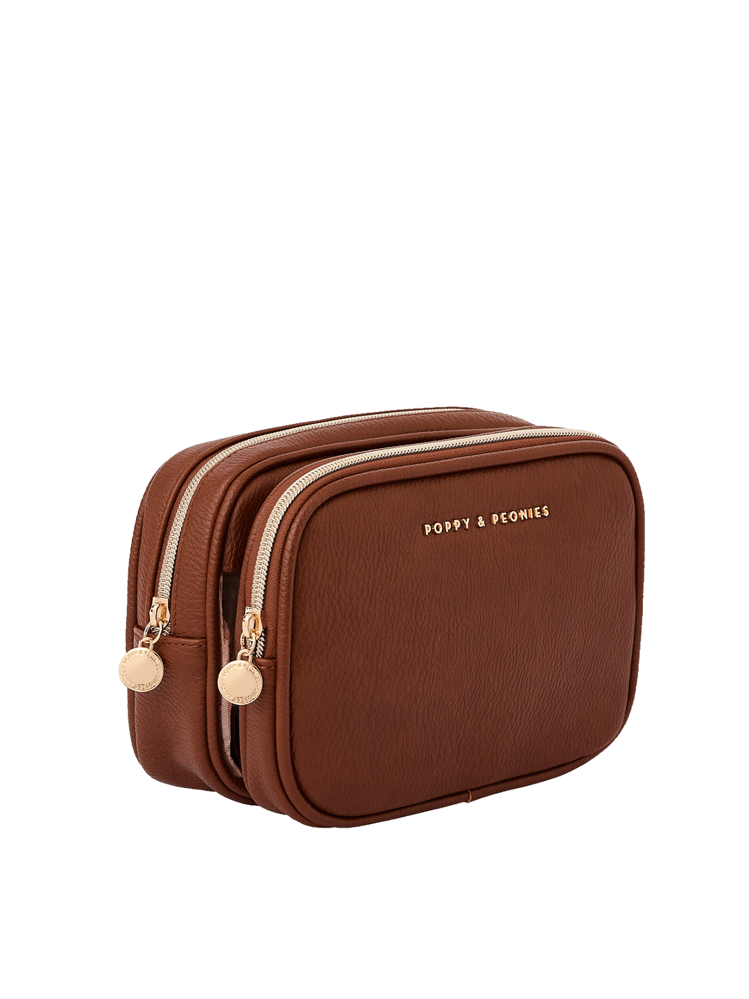 Angled side view of The Split Organizer in Chestnut showing dual compartments
