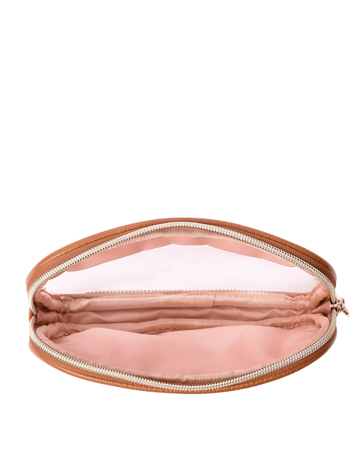 The Split Organizer in Cognac fully unzipped

