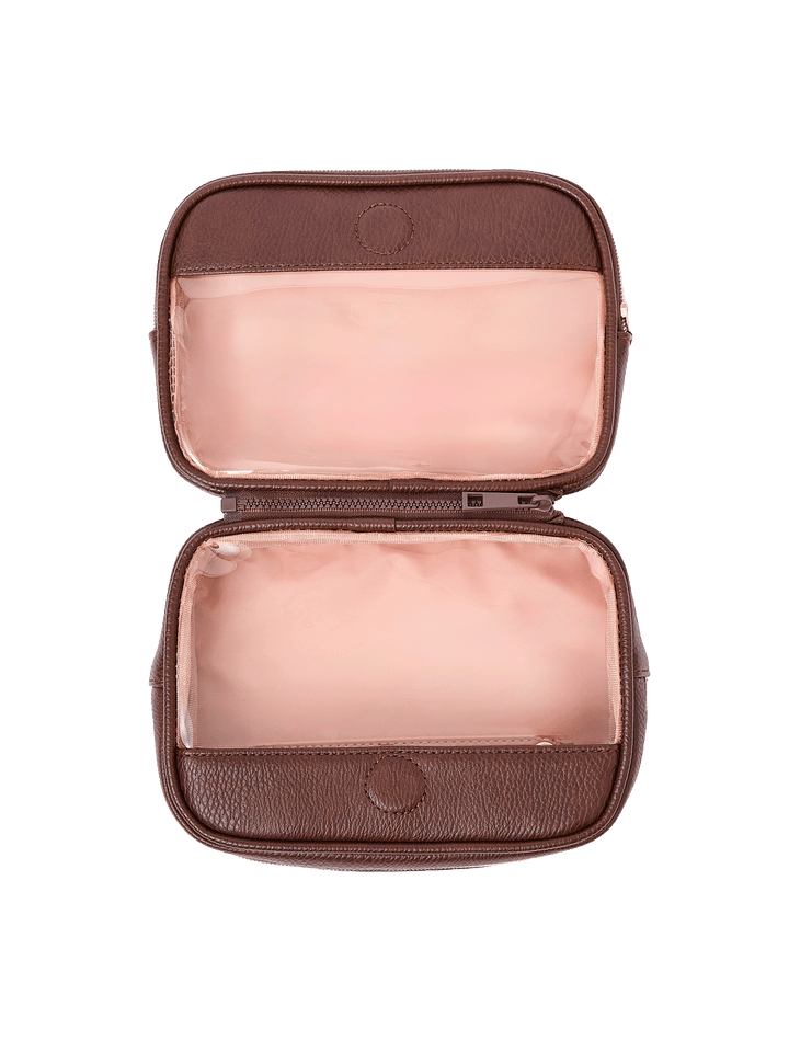 The Split Organizer in Espresso fully unzipped to display both compartments