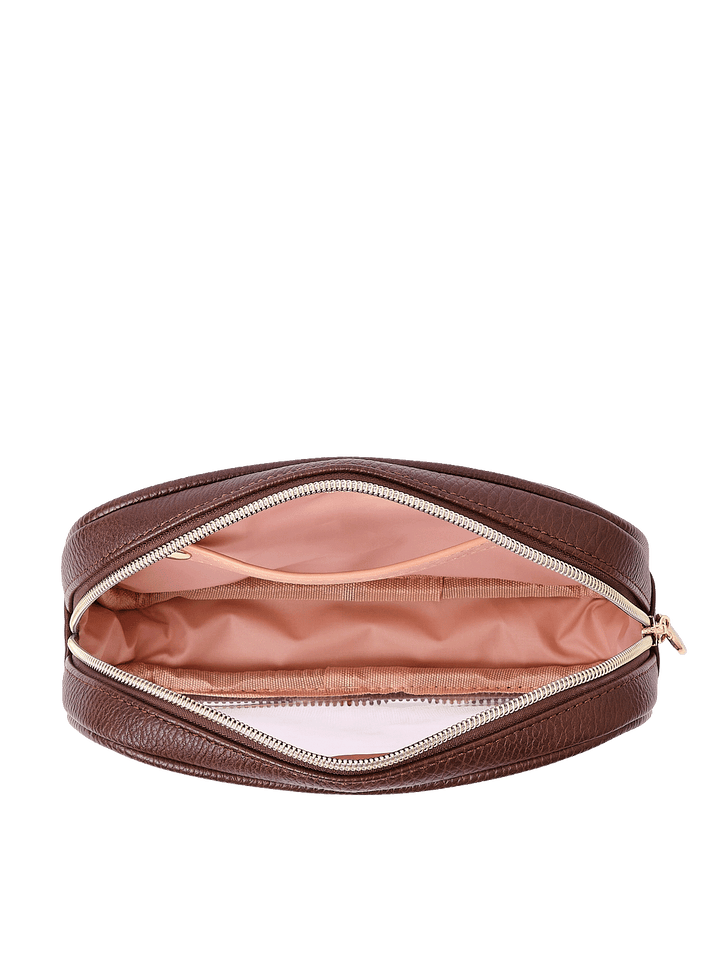 Open view of The Split Organizer in Espresso showing wipeable interior and jewelry tab