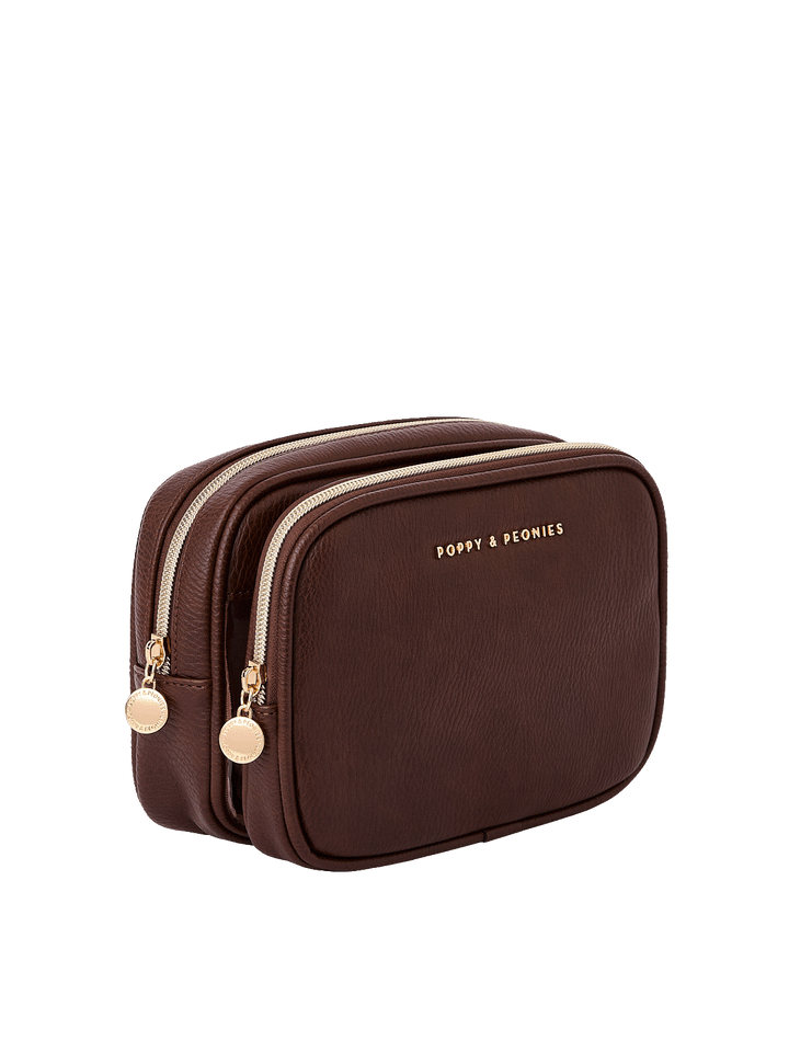 Angled side view of The Split Organizer in Espresso showing dual compartments