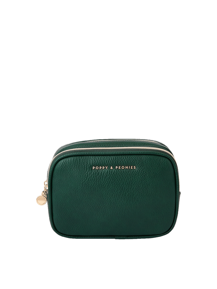 The Split Organizer in Heritage Green with dual zip compartments
