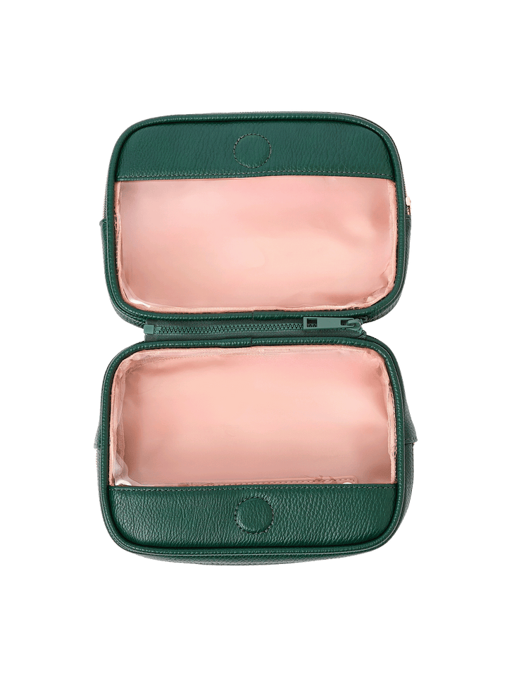 The Split Organizer in Heritage Green fully unzipped to display both compartments