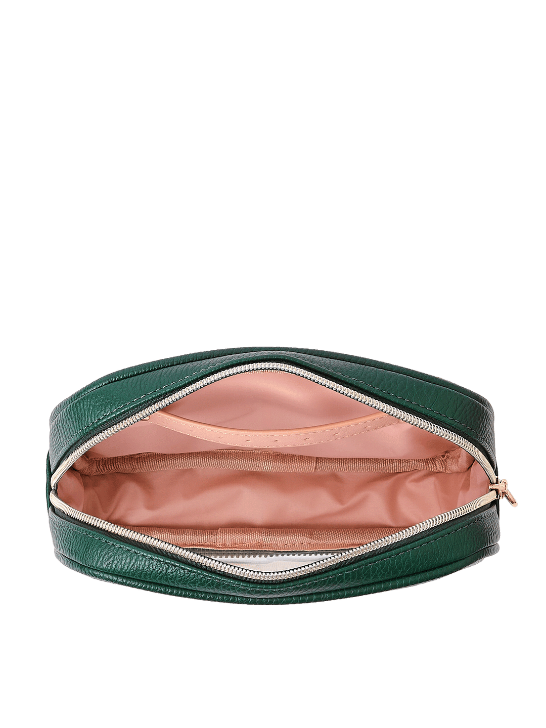 Open view of The Split Organizer in Heritage Green showing wipeable interior and jewelry tab