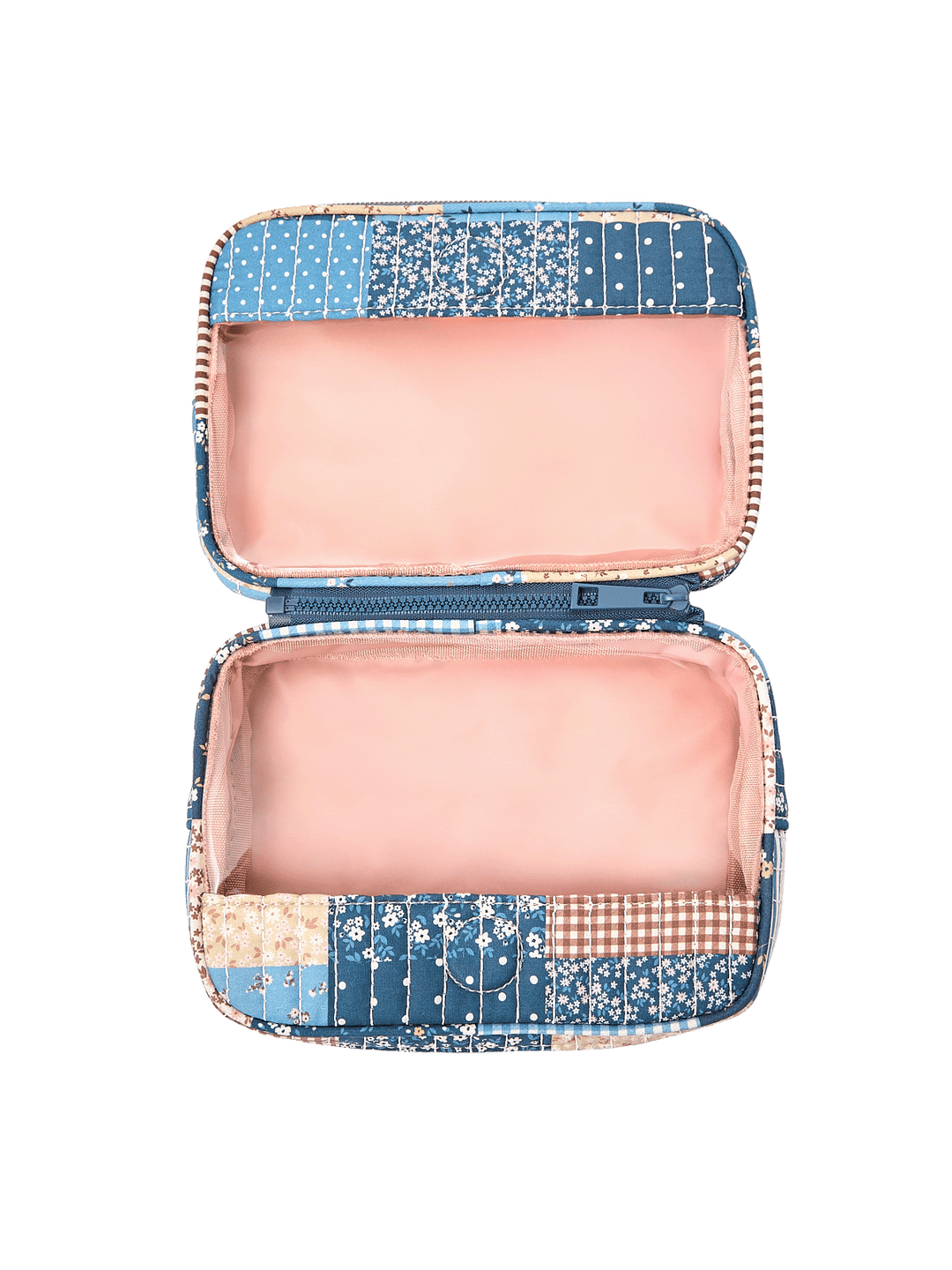 The Split Organizer in Navy Patchwork fully unzipped to display both compartments
