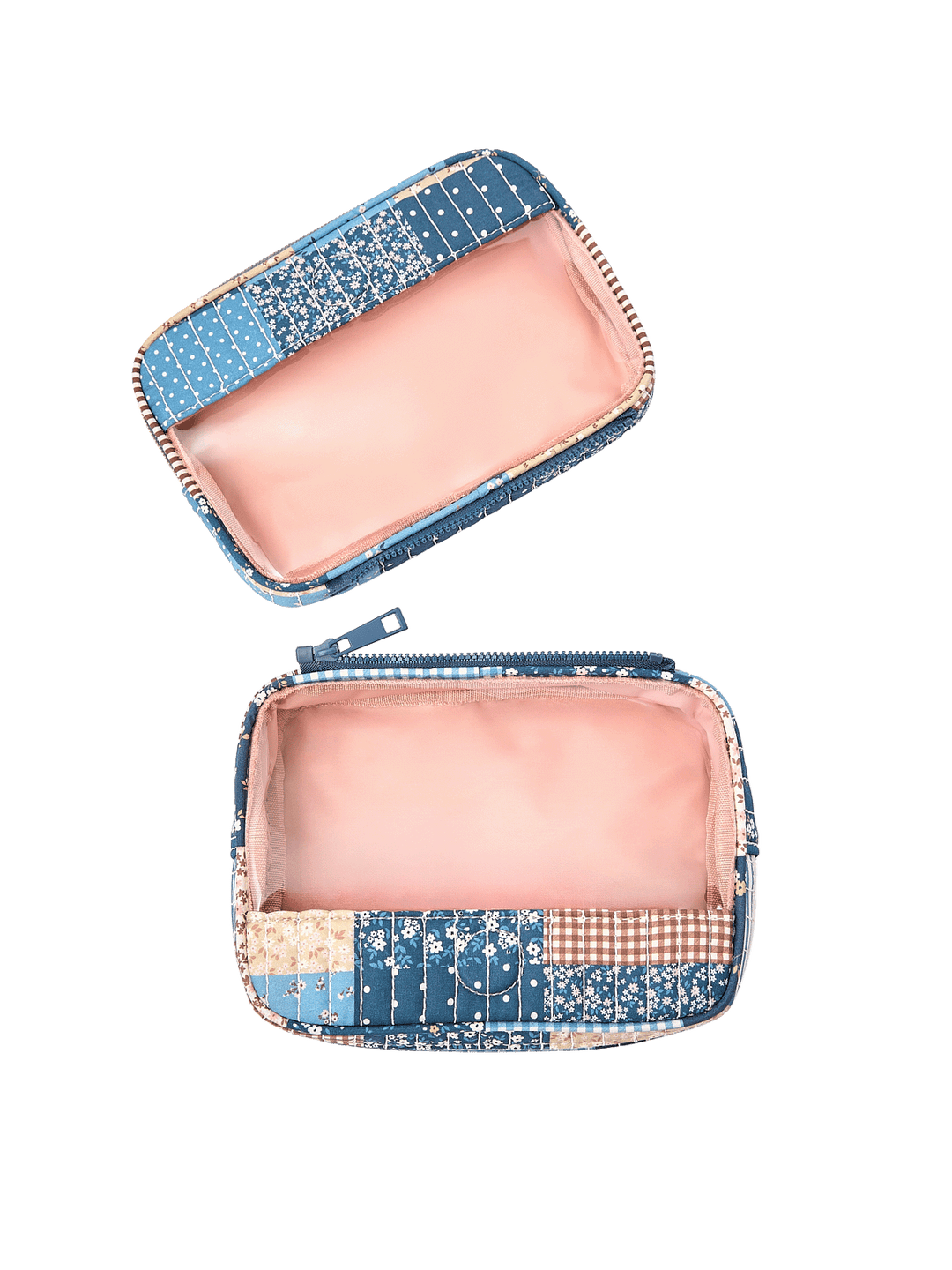 The Split Organizer in Navy Patchwork with compartments separated for individual use