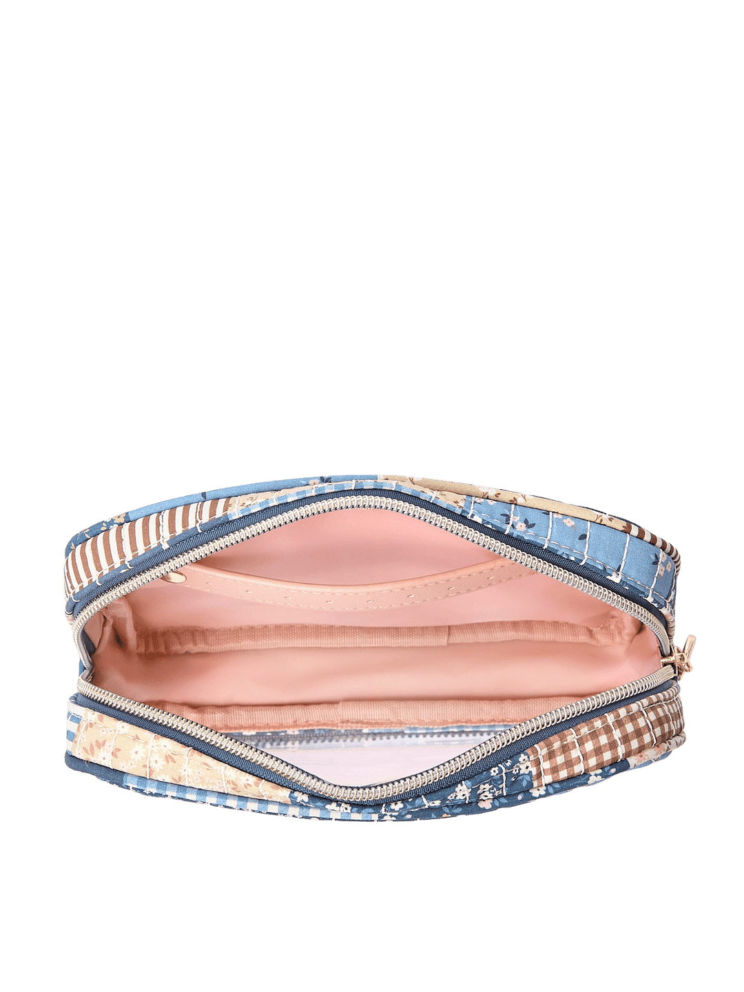 Open view of The Split Organizer in Navy Patchwork showing wipeable interior and jewelry tab
