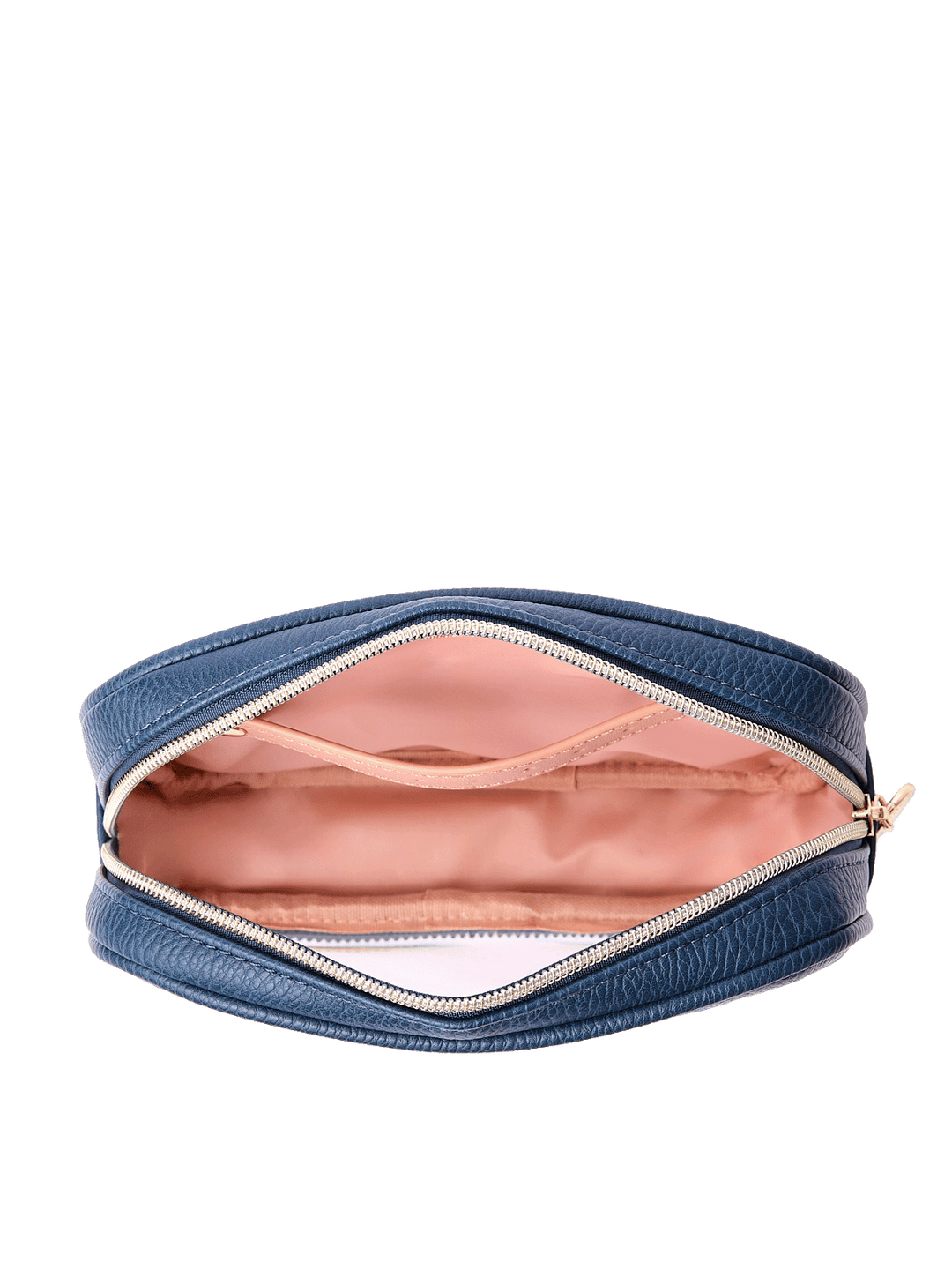Open view of The Split Organizer in Navy showing wipeable interior and jewelry tab