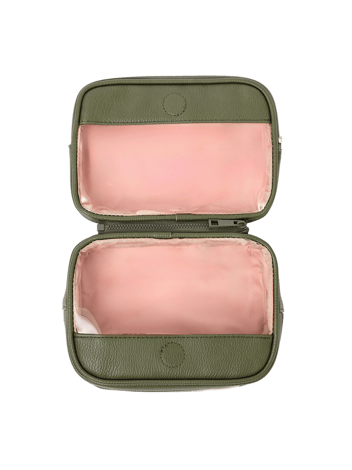 The Split Organizer in Olive fully unzipped to display both compartments