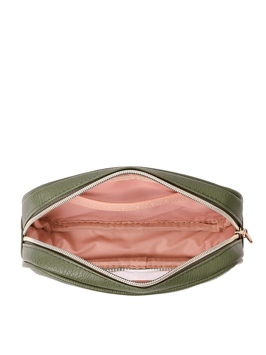 Open view of The Split Organizer in Olive showing wipeable interior and jewelry tab