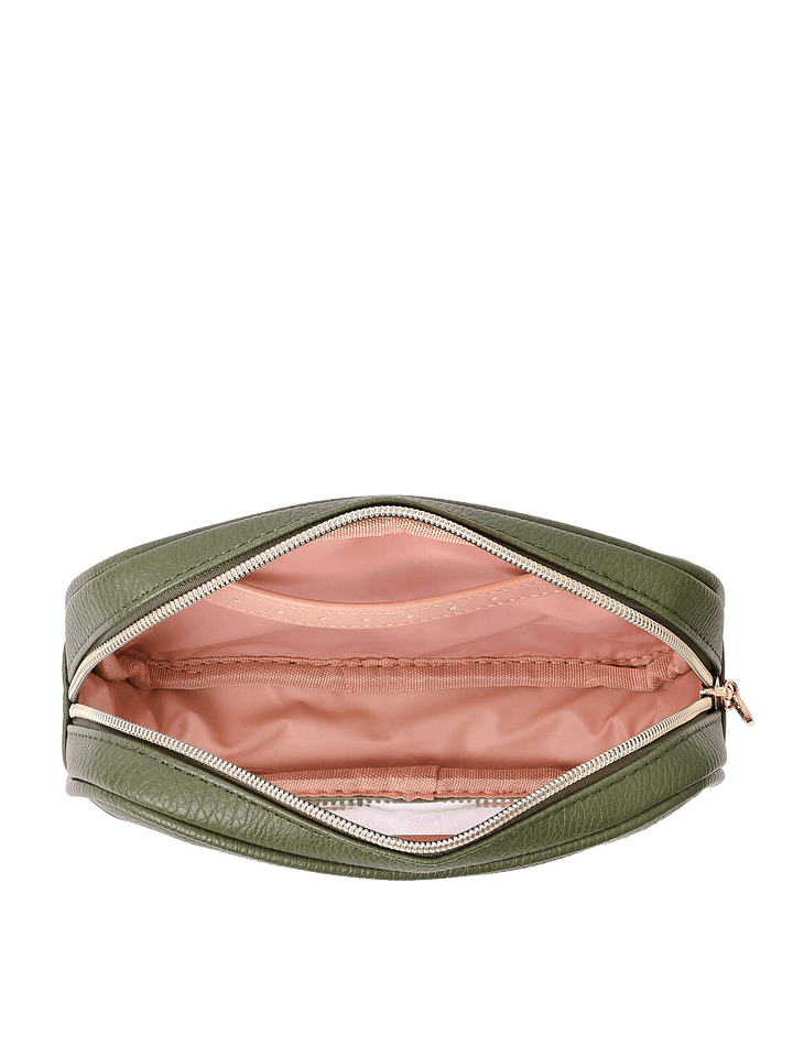 Open view of The Split Organizer in Olive showing wipeable interior and jewelry tab