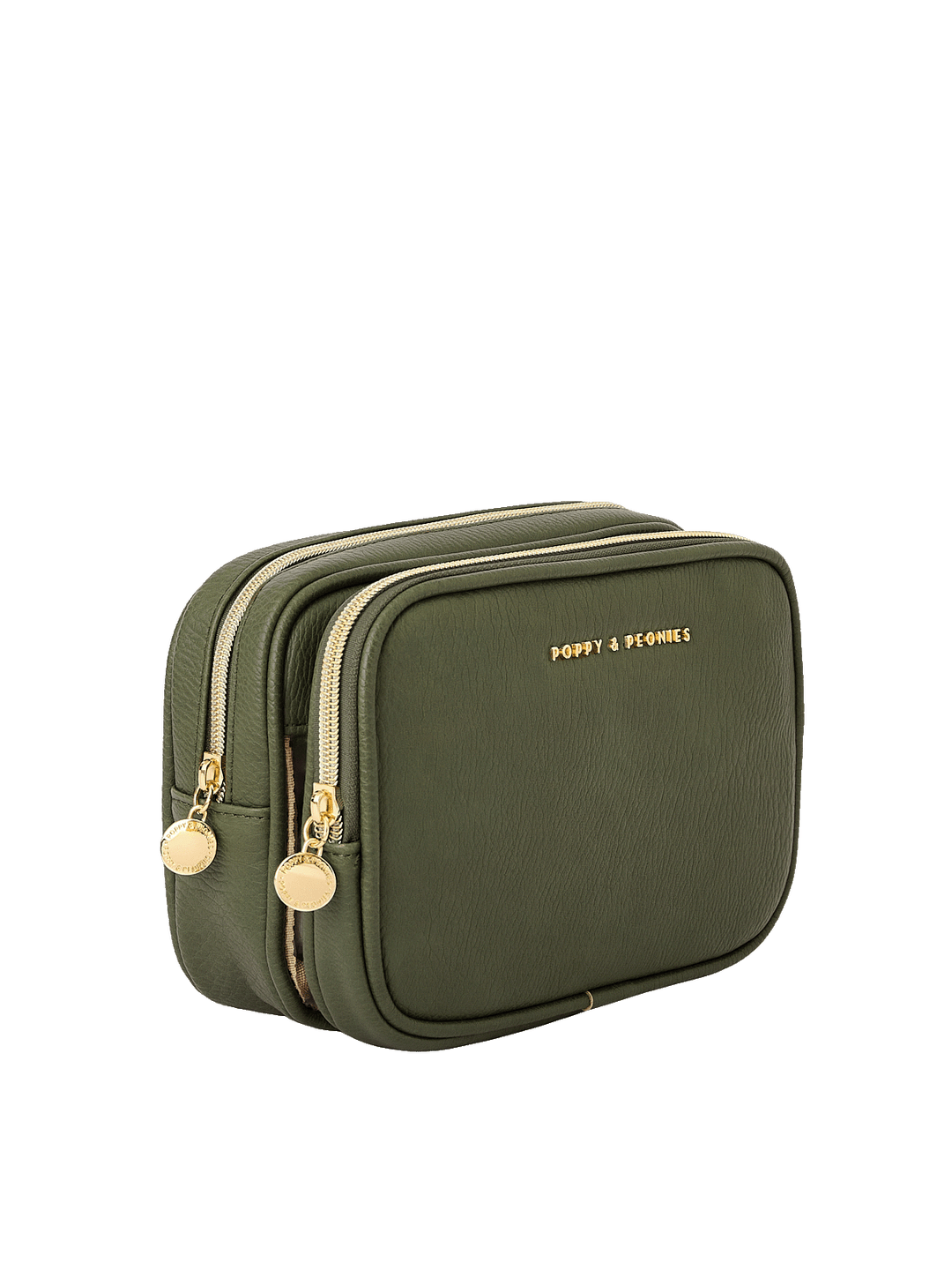 Angled side view of The Split Organizer in Olive showing dual compartments