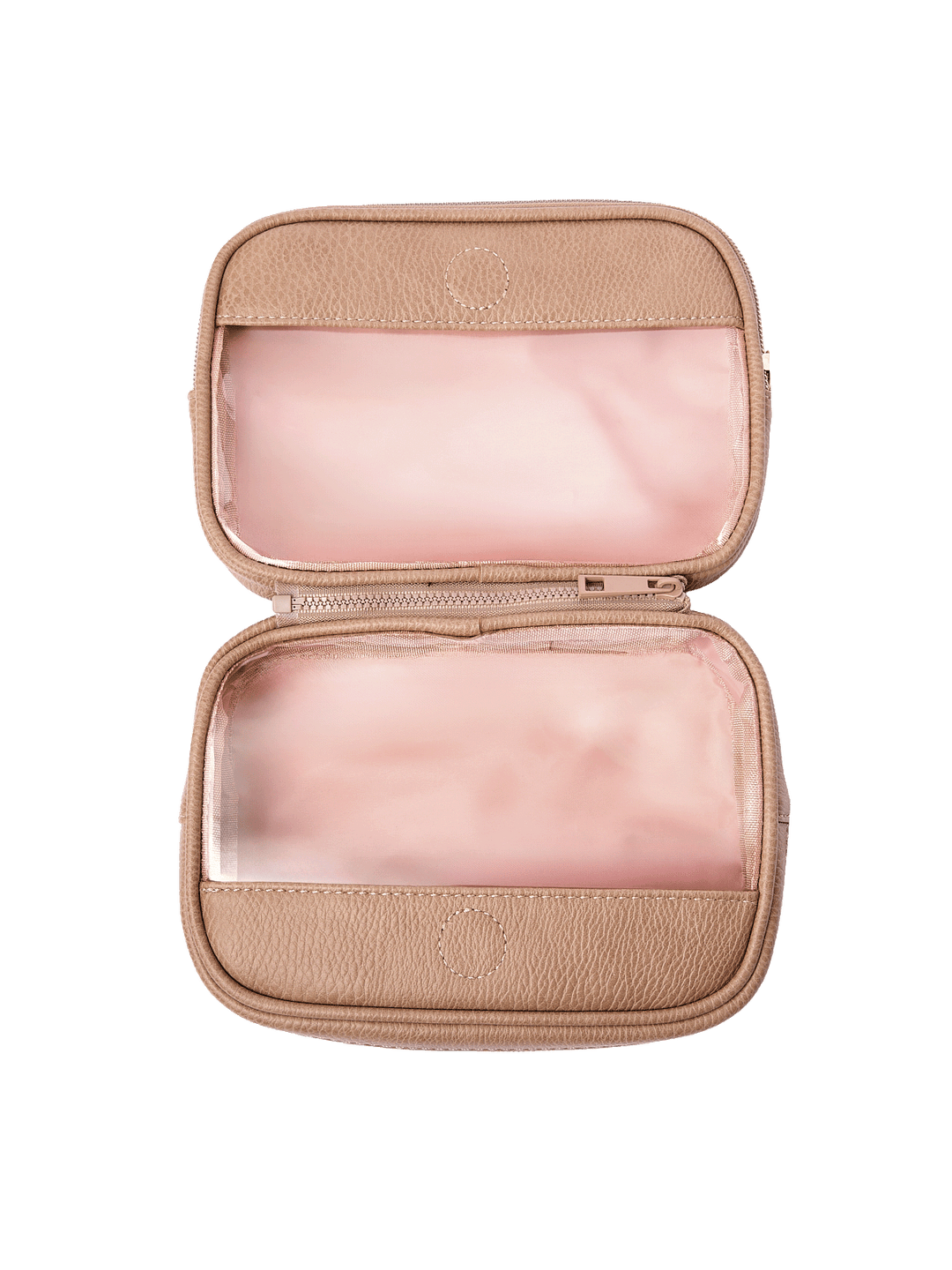 The Split Organizer in Taupe fully unzipped to display both compartments