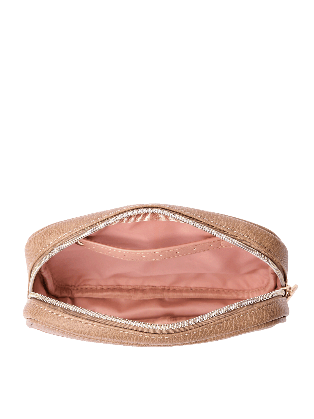 Open view of The Split Organizer in Taupe showing wipeable interior and jewelry tab