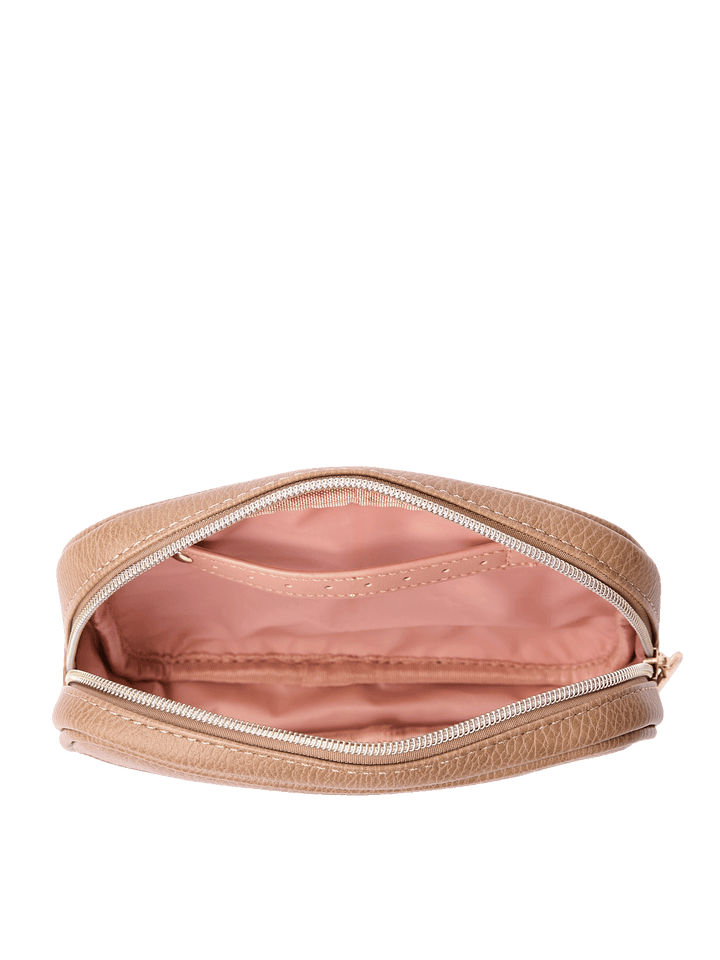 Open view of The Split Organizer in Taupe showing wipeable interior and jewelry tab