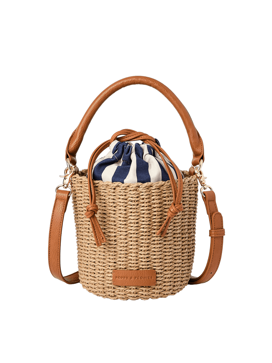Woven handbag with leather handle and strap